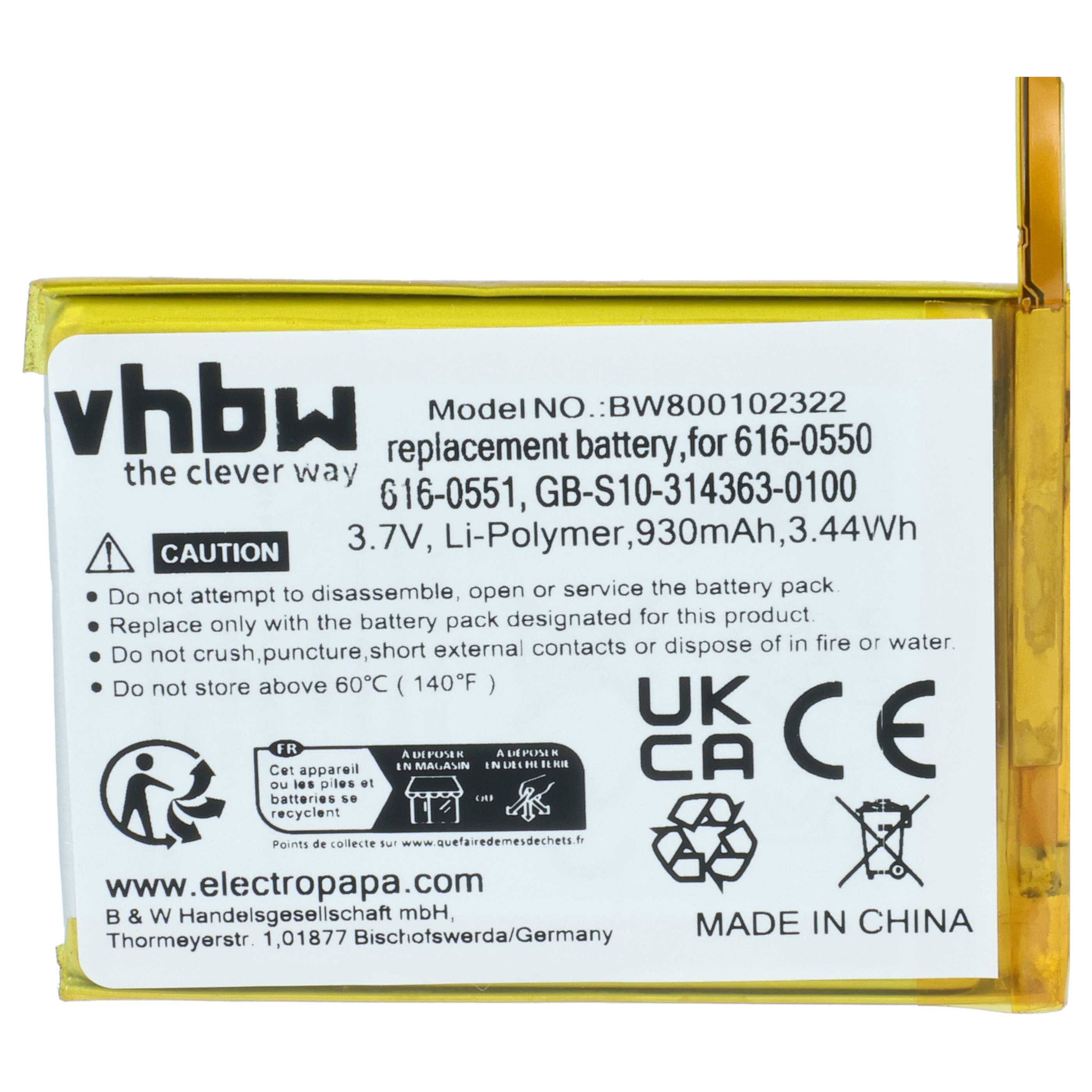 vhbw Akku Ersatz für Apple GB-S10-314363-0100 | 616-0551, 616-0552, 616-0550 für MP3-Player Musik Player (930 mAh, 3,7 V, Li-Polymer)