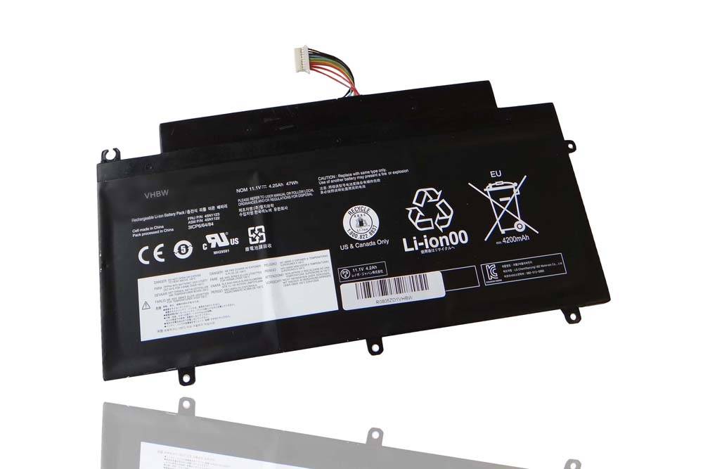 Ein rechteckiger schwarzer Lithium-Ionen-Laptop-Akku mit verschiedenen Zertifizierungen und Recycling-Symbolen, die Spezifikationen wie 48Wh und 11,1V zeigen.