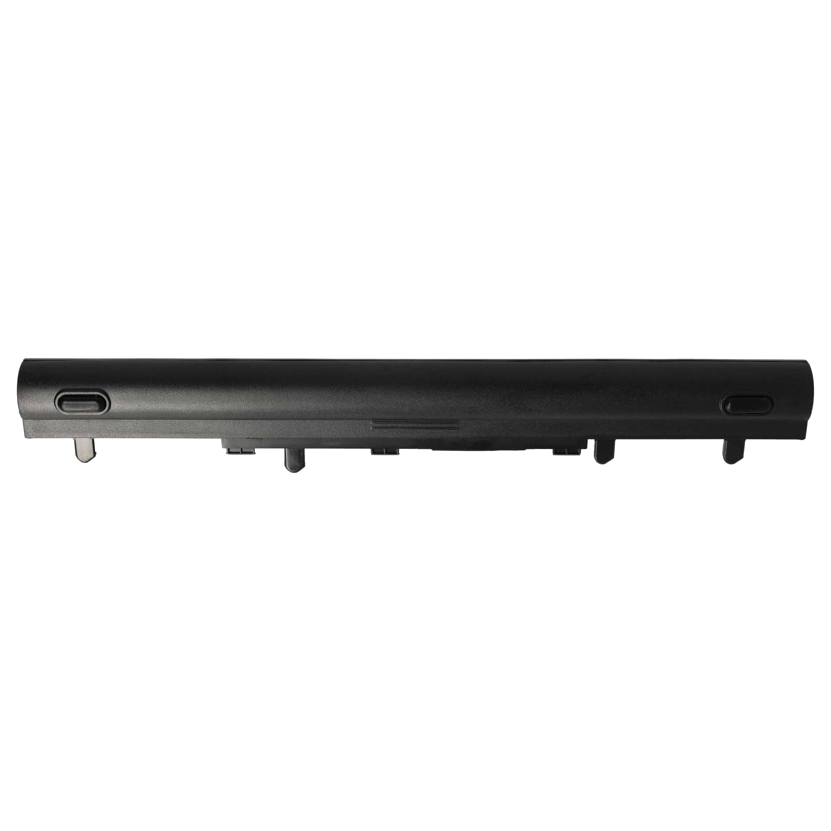 Ein schwarzer Laptop-Akku mit zwei sichtbaren Anschlüssen und einer glatten Oberfläche, entwickelt für die Kompatibilität mit bestimmten Laptop-Modellen.