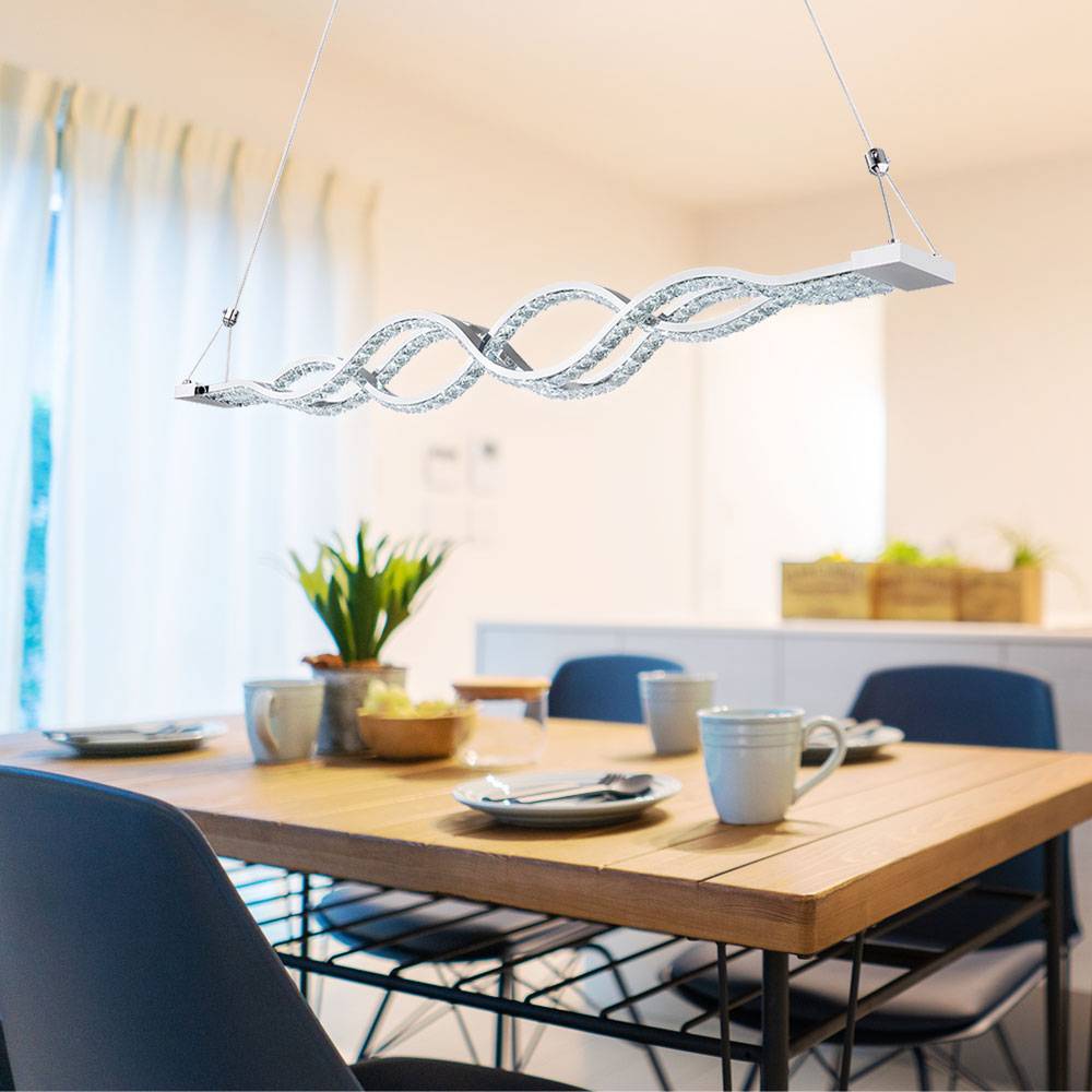 Pendellampe Hängelampe Hängeleuchte geschwungenes Design, Glaskristalle chrom, Fernbedienung dimmbar, CCT, 1x LED 30W 2945Lm warm-kaltweiß, LxBxH