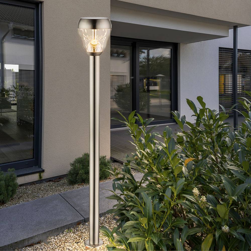Standleuchte Außenleuchte Stehleuchte Stehlampe Edelstahl, Lampenschirm, Glas, klar, IP44 Spritzwasserfest, 1x LED 8 Watt 700 Lumen warmweiß, DxH: