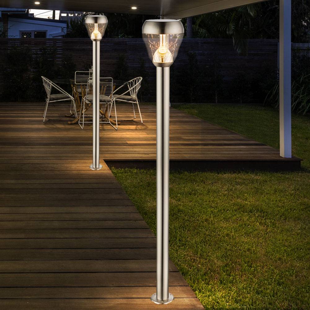 Standleuchte Außenleuchte Stehleuchte Stehlampe Edelstahl, Lampenschirm, Glas, klar, IP44 Spritzwasserfest, 1x LED 8 Watt 700 Lumen warmweiß, DxH: