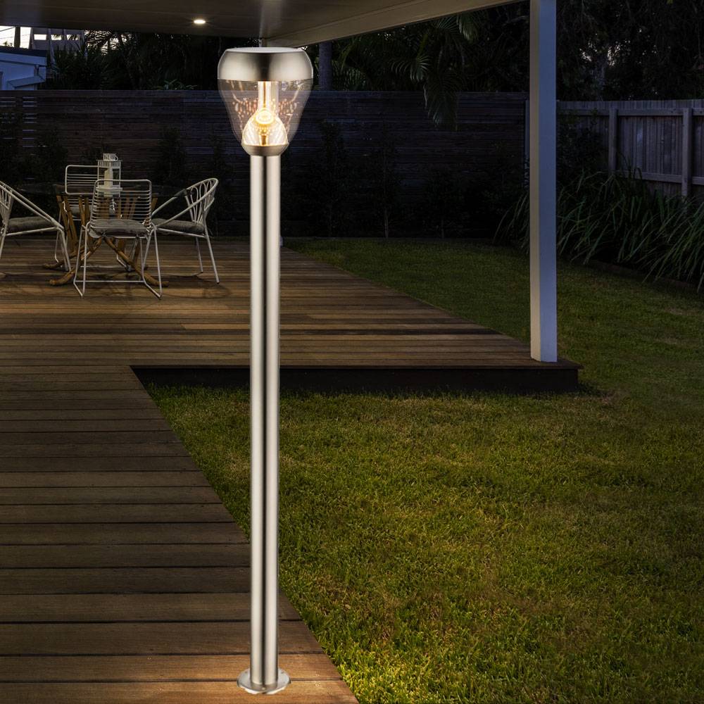 Standleuchte Außenleuchte Stehleuchte Stehlampe Edelstahl, Lampenschirm, Glas, klar, IP44 Spritzwasserfest, 1x LED 8 Watt 700 Lumen warmweiß, DxH: