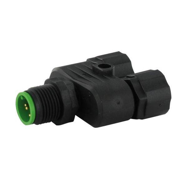 Schwarzer wasserdichter elektrischer Stecker mit grüner 3-Pin-Spitze auf weißem Hintergrund.