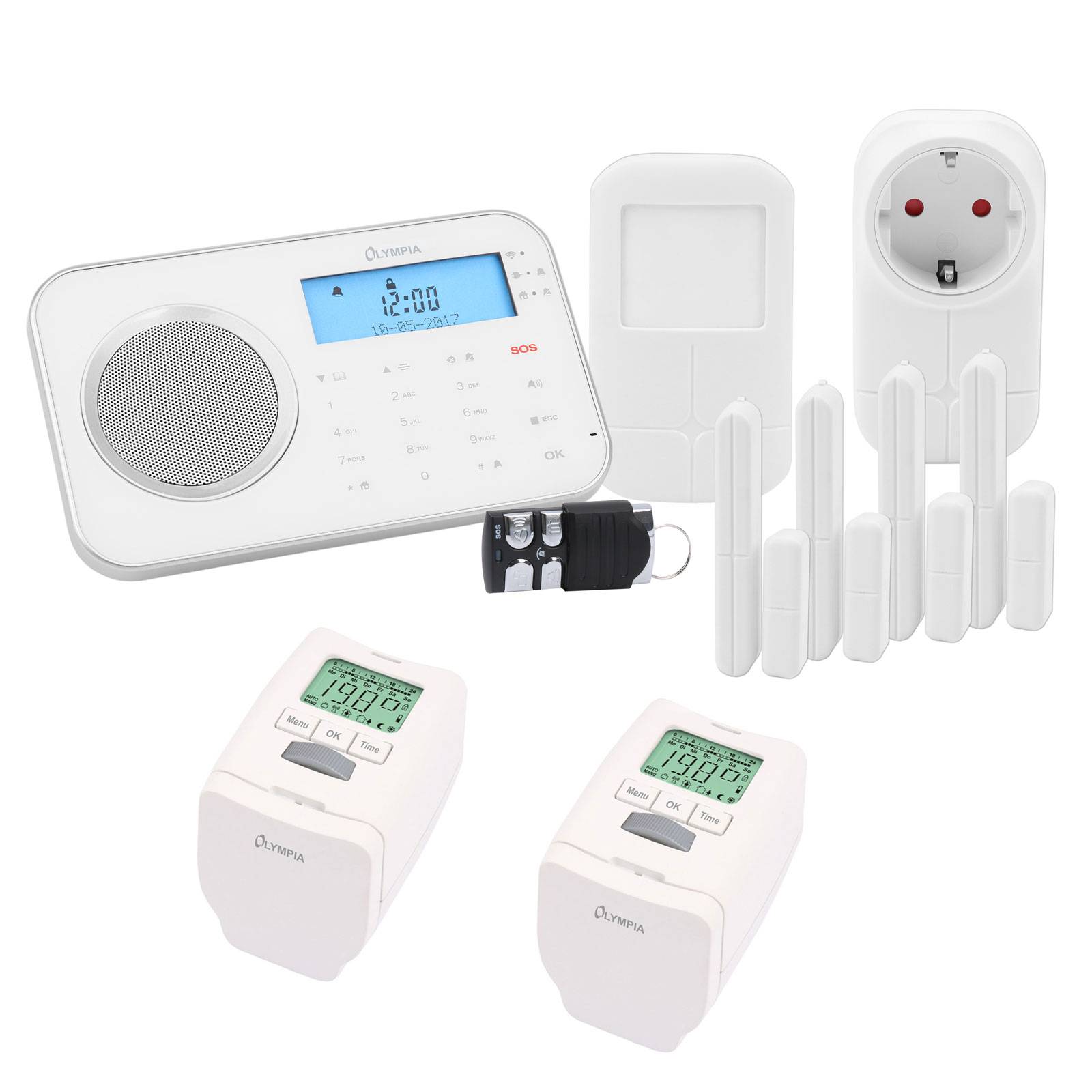 Weißes Olympia Funk-Alarmsystem-Set mit Sirene/Zentrale, Bewegungsmelder, Türsensor, Steckdosen-Empfänger, Fernbedienung und zwei Steckdosen-Modulen.