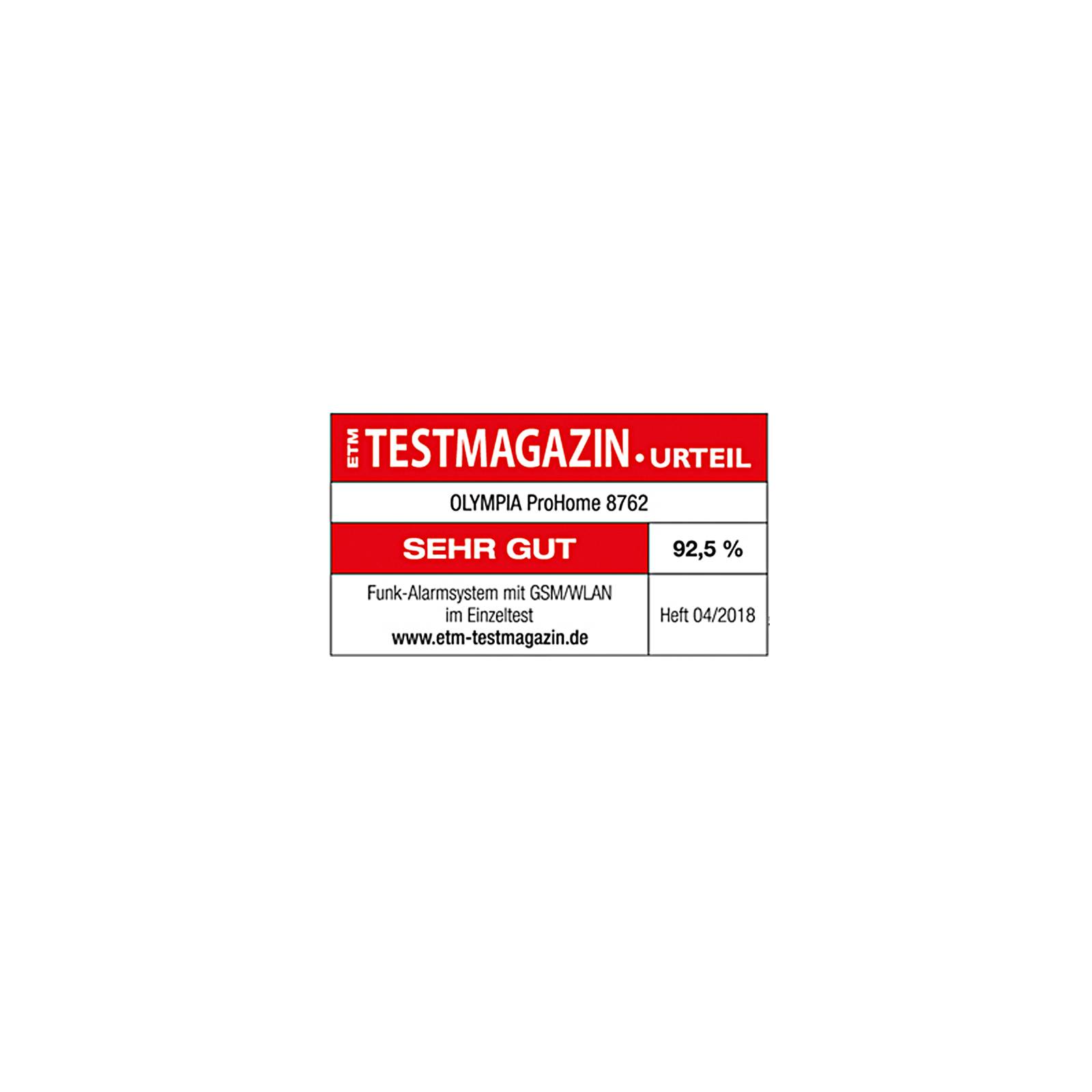 ETM Testmagazin Bewertungslabel für 'Olympia ProHome 8762': 'SEHR GUT' mit 92,5% Punktzahl und Ausgabe 'Heft 04/2018'.