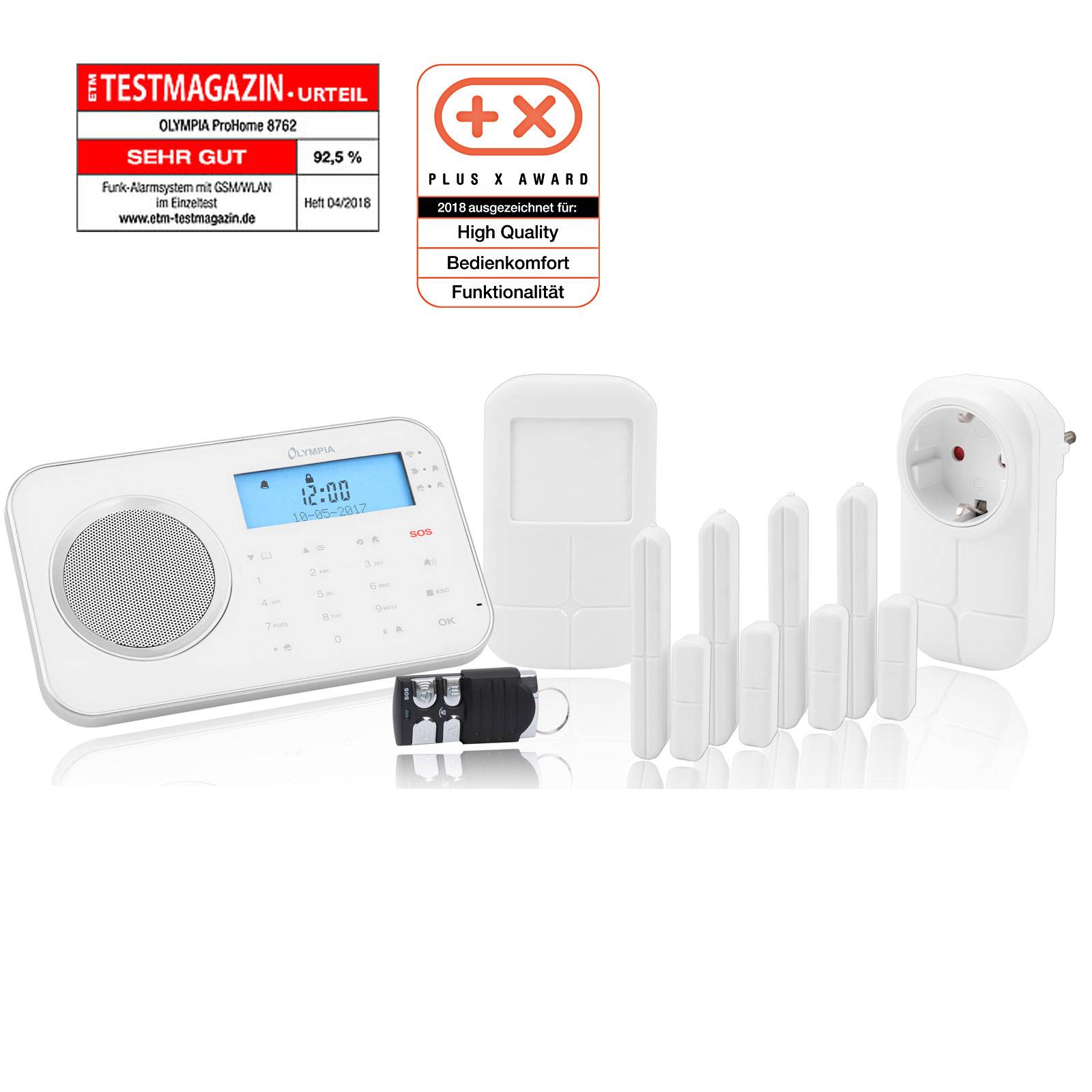 Kabelloses Haus-Alarmsystem mit Basisstation, Bewegungsmelder, Tür-/Fenstersensoren, Fernbedienung und einsteckbarem Sirenenmodul; Auszeichnungsabzeichen oben dargestellt.