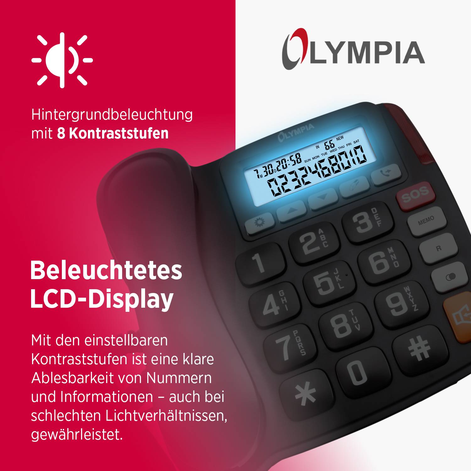 Ein Taschenrechner mit beleuchteter Anzeige und acht Kontraststufen