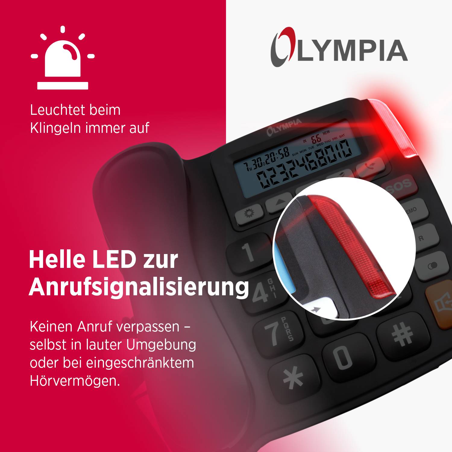Eine Nahaufnahme eines Telefons mit hellem LED-Display, das die Uhrzeit anzeigt. Der Text lautet „Helle LED zur Anrufsignaliserung
