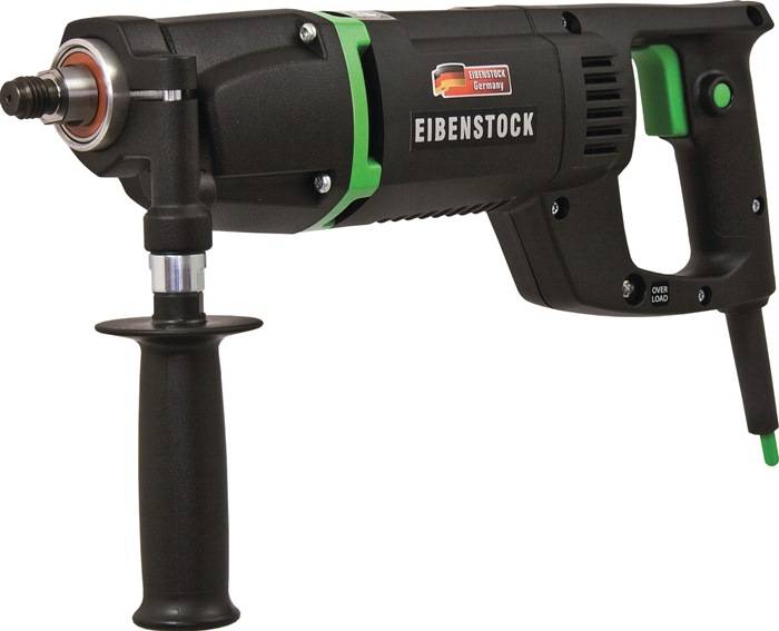 EIBENSTOCK-Marken-Industriebohrmaschine mit Seitengriff, elektrisch betrieben für schwere Arbeitsaufgaben. Schwarz-grünes Design.