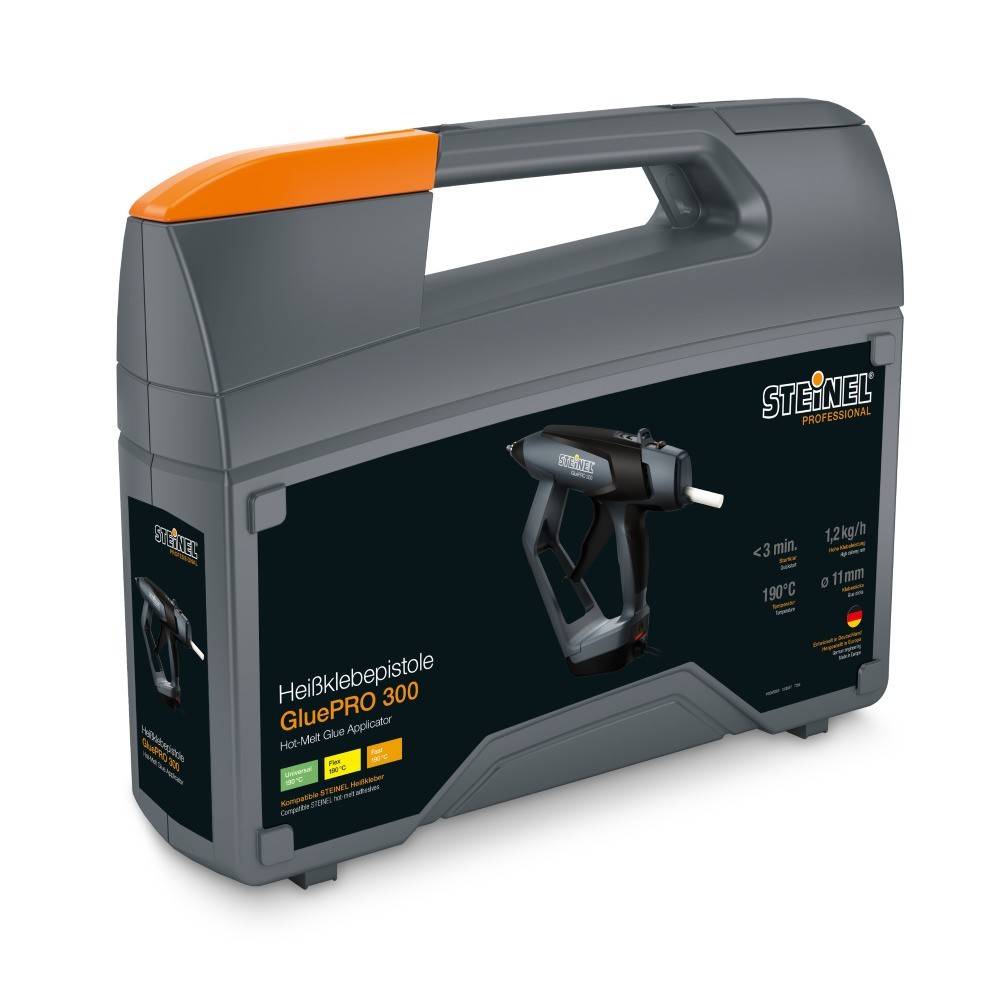 Plastik-Transportkoffer für einen Steinel GluePro 300 Heißklebepistole, mit Produktbild und Spezifikationen auf der Vorderseite.