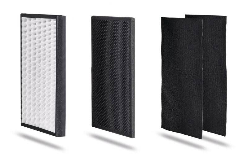 Drei Luftreiniger-Filter: ein HEPA-Filter, ein Aktivkohlefilter und ein Vorfilter, nacheinander nebeneinander angezeigt.