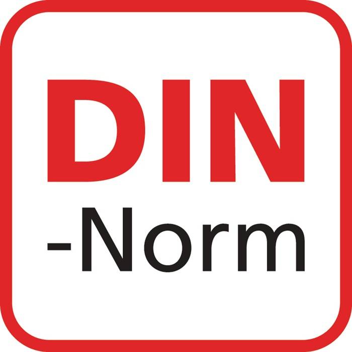 Logo der 'DIN-Norm' in fett gedruckten roten und schwarzen Buchstaben, das einen Standard oder eine Richtlinie kennzeichnet.