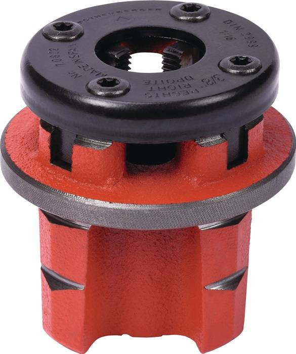 Eine Nahaufnahme eines roten Metallrohrgewindewerkzeug-Kopfes mit eingravierter Größen- und Richtungsbeschriftung.