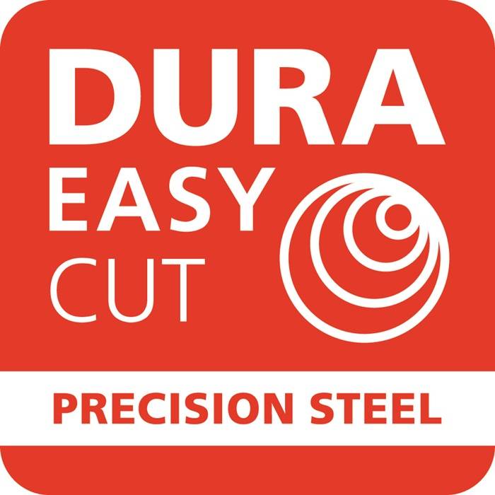 DURA EASY CUT' Logo in Rot und Weiß mit kreisförmigem Design und dem Text 'PRÄZISIONSSTAHL'.