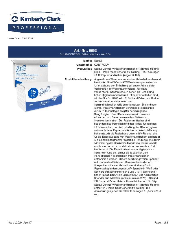 Handtuch Scott® 6663 1-lagig,geprägt weiß L315xB215ca.mm 3180 Tücher/VE