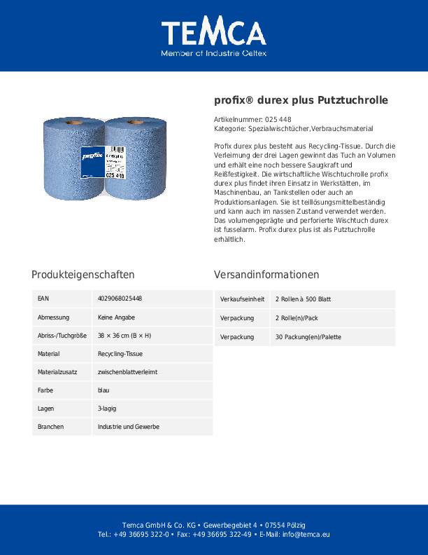 Putztuchrolle profix® durex plus L380xB360ca.mm blau
