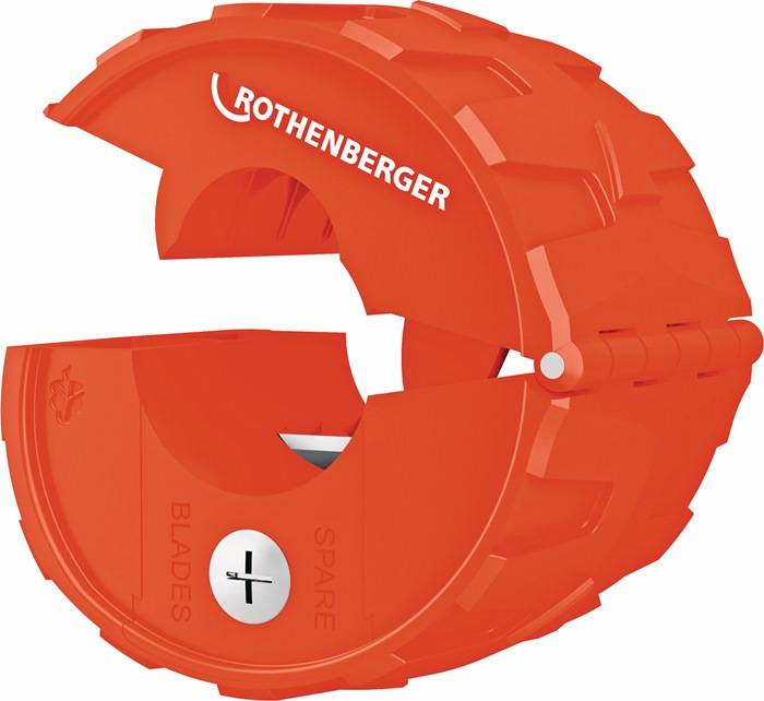 Roter Rothenberger-Rohrabschneider mit kreisförmigem Design, gekennzeichneter Bereich für Ersatzklingen, verwendet zum effizienten Rohrschneiden.