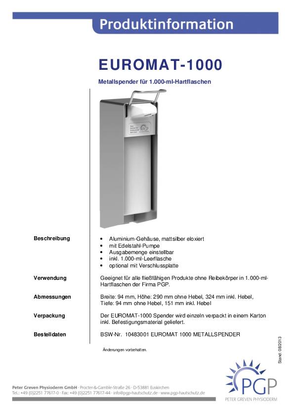Spender EUROMAT 1000N H330xB94xT168ca.mm 1l grau PGP