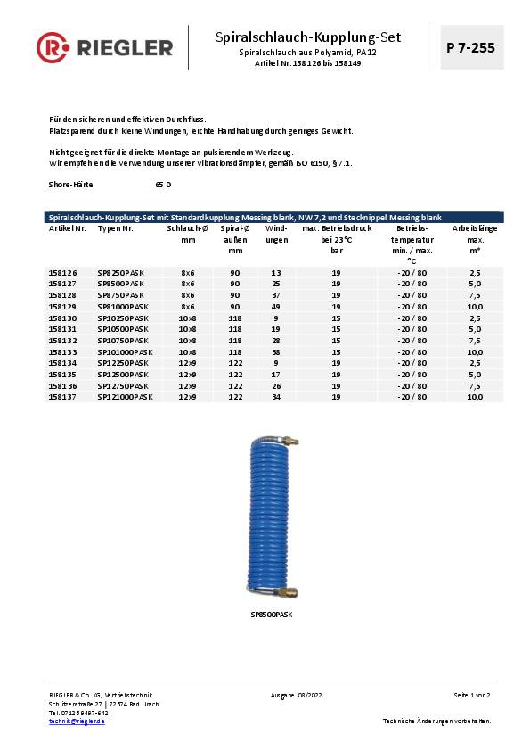 Spiralschlauch-Kupplung-Set ID 9mm AD 12mm L.5m Kuppl.DN 7,2 Rl.RIEGLER
