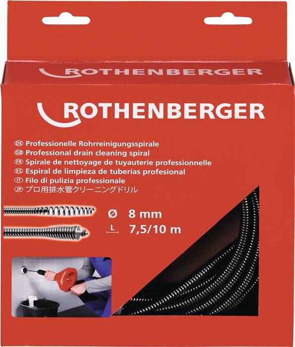 Eine rote Rothenberger-Box enthält eine professionelle Rohrreinigungsspirale. Der Text in mehreren Sprachen ist gedruckt und hebt die Spezifikationen hervor: 8mm, 7.5/10m.