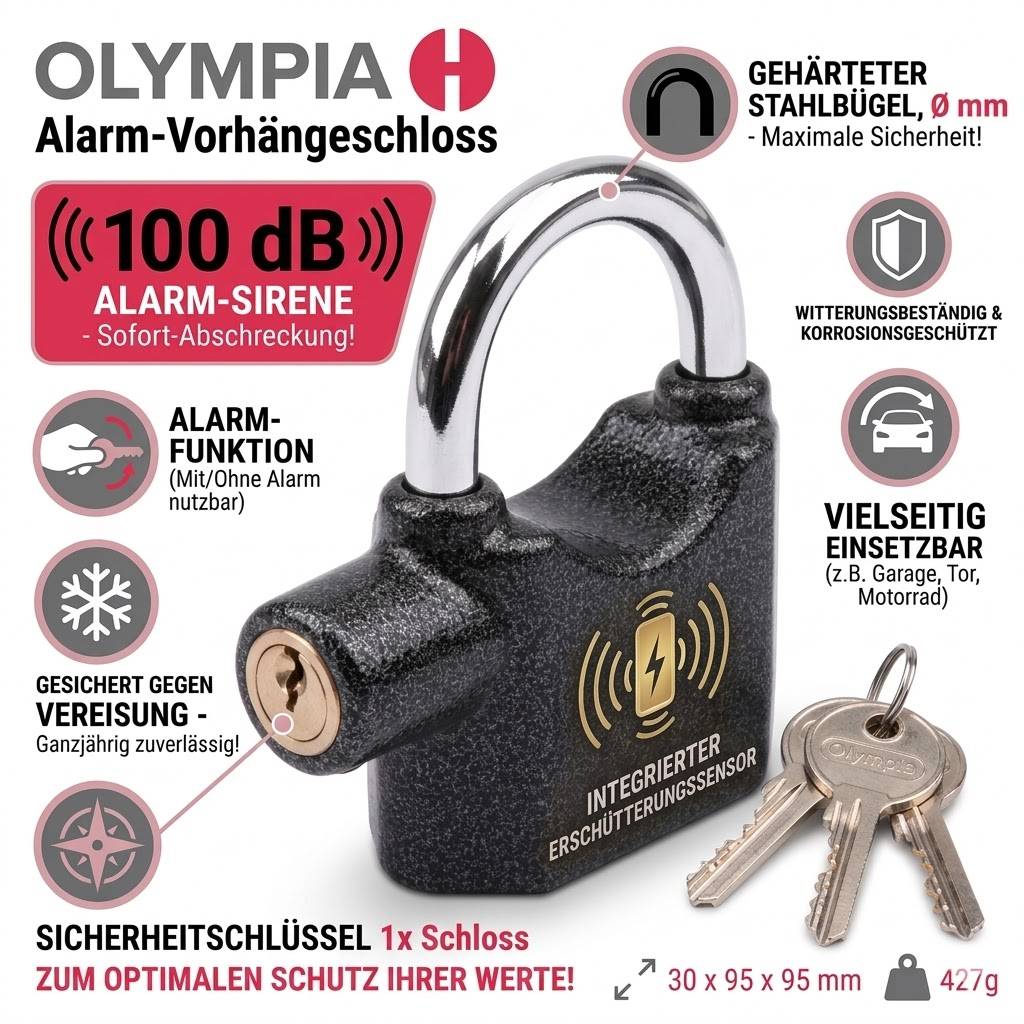 OLYMPIA S 100 Vorhängeschloss mit Alarmfunktion und Erschütterungssensor, 100 dB