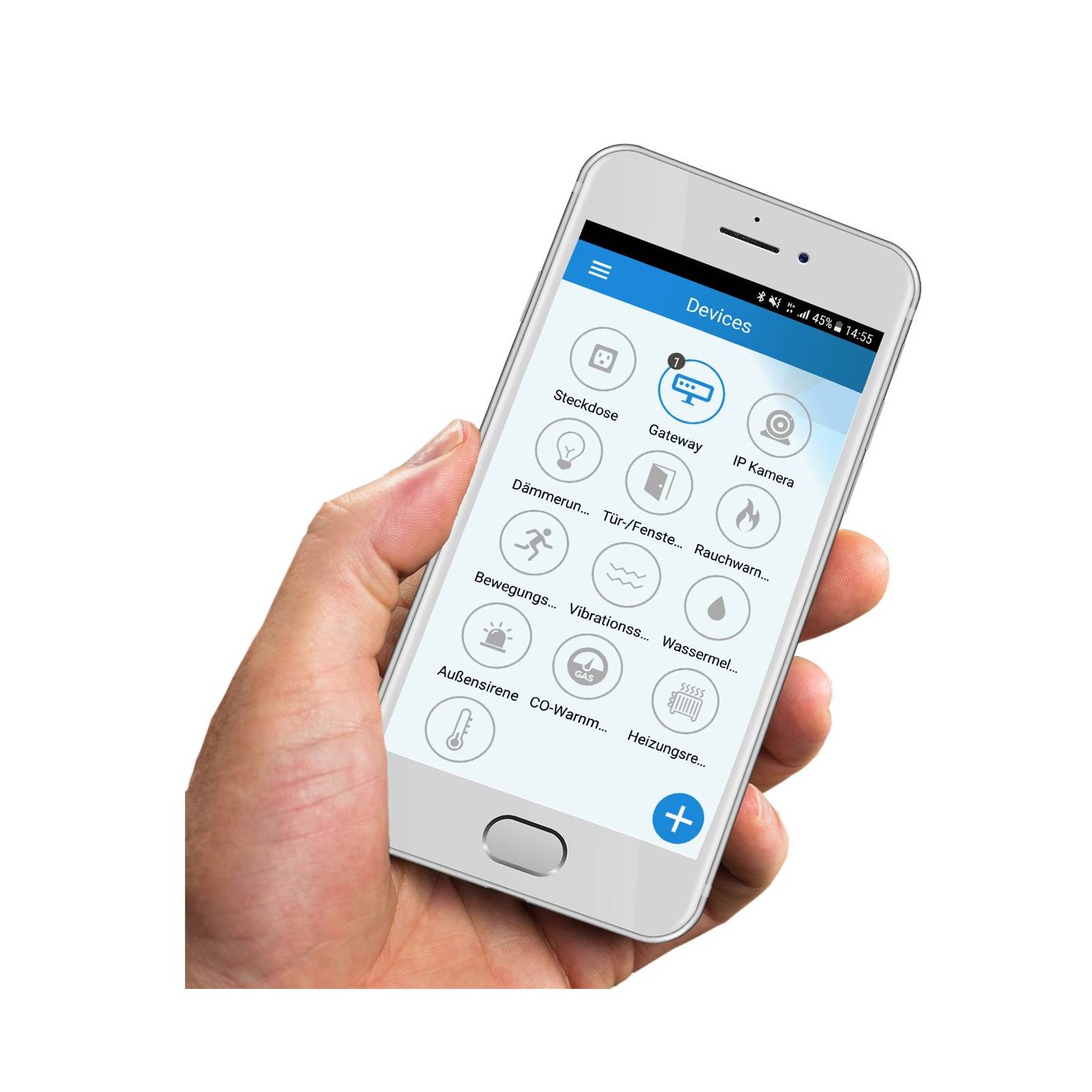 Hand hält ein Smartphone, auf dem eine Smart-Home-App mit Geräte-Symbolen für Steckdosen, Kameras, Sensoren, Heizung und Alarme angezeigt wird.