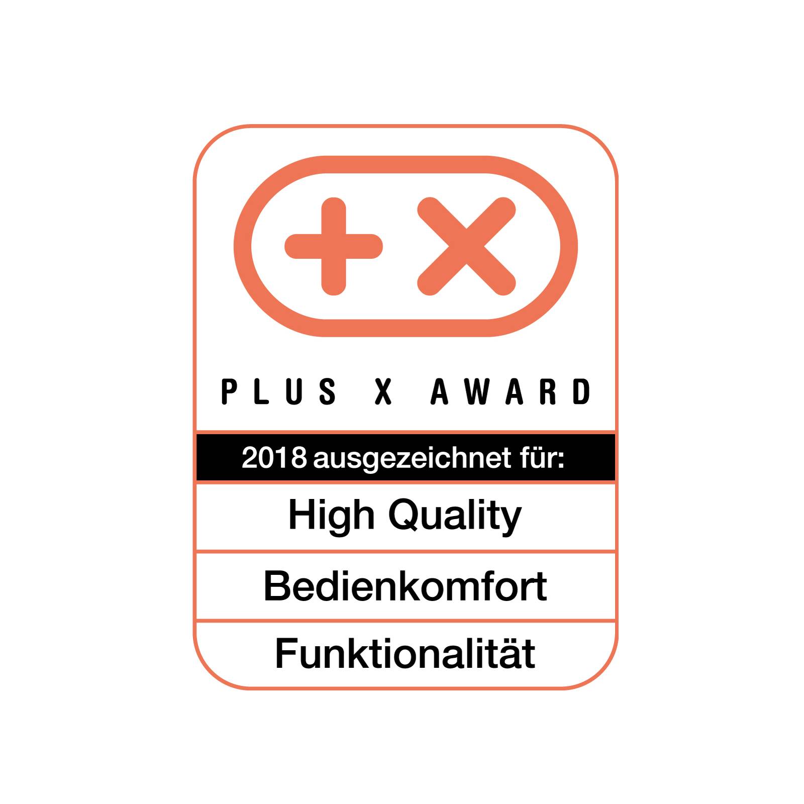 PLUS X AWARD' Abzeichen für '2018 ausgezeichnet für: Hohe Qualität, Benutzerfreundlichkeit, Funktionalität'.