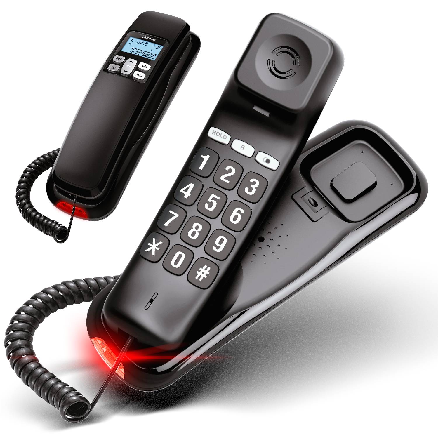 „Schwarzes schnurgebundenes Festnetztelefon mit großen Tasten, digitalem Display und Spiralenkabel, entworfen für einfache Bedienung und Barrierefreiheit.