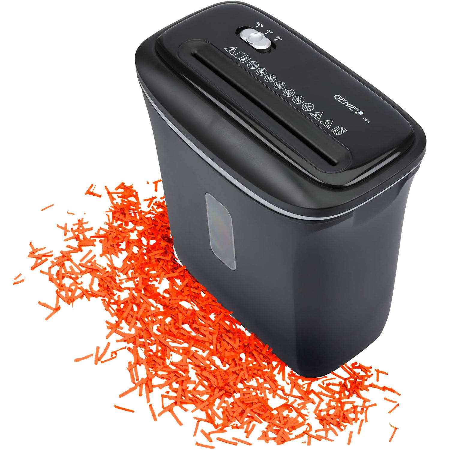 Ein schwarzer Papiervernichter mit roten Papierschnipseln, die um ihn herum verstreut sind und die Vernichtungsfunktion in Aktion anzeigen.
