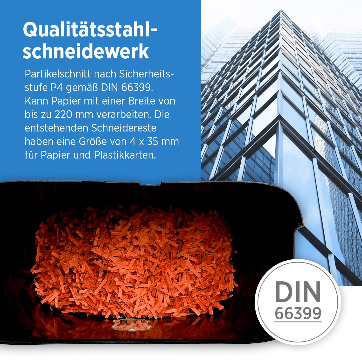 Shredder-Anzeige mit geschreddertem Papier, die hohe Sicherheitsstufen nach DIN 66399-Standards betont.