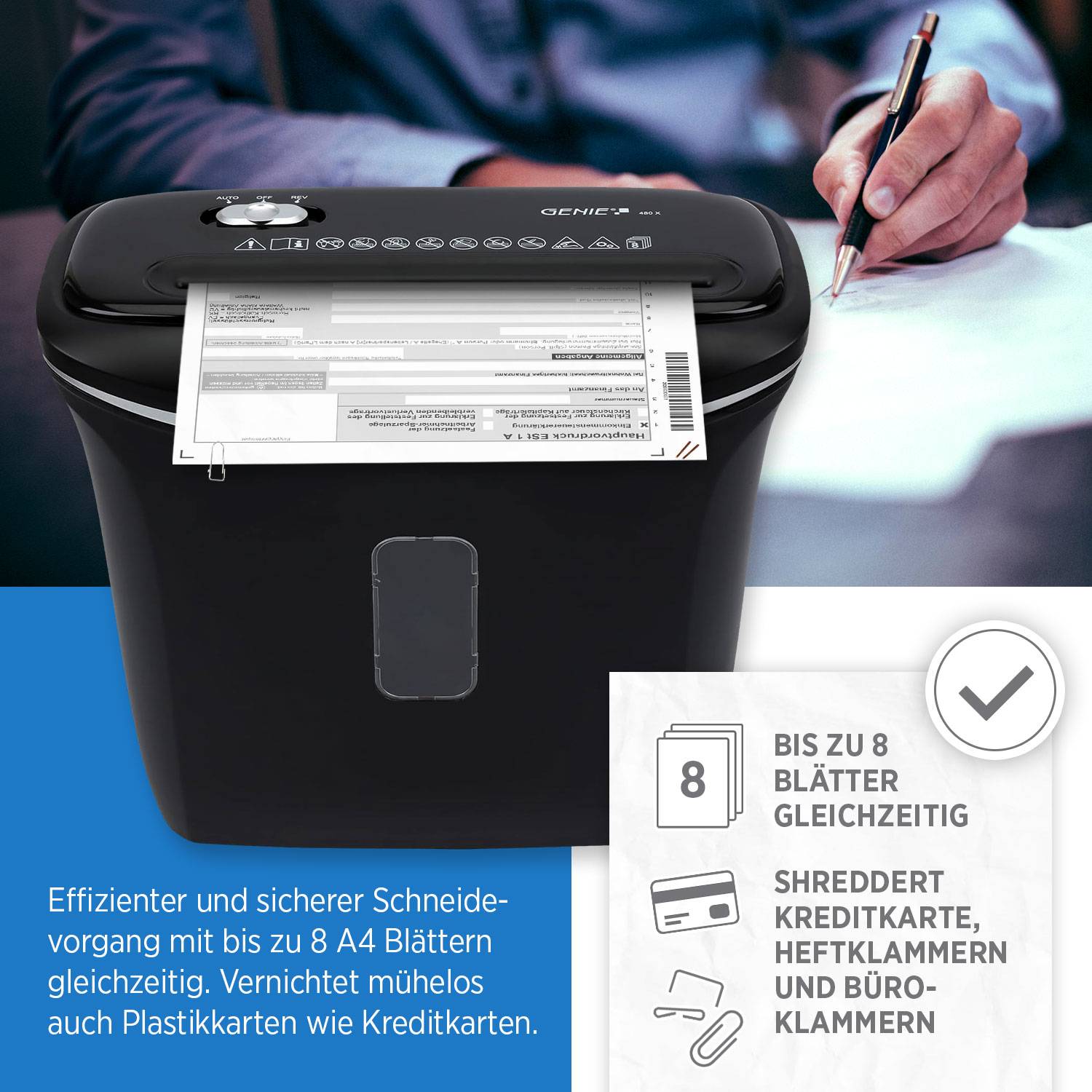 Eine Person führt Papier in einen Aktenvernichter ein. Daneben heben Text und Symbole die Funktionen hervor: „Vernichtet bis zu 8 Blatt gleichzeitig