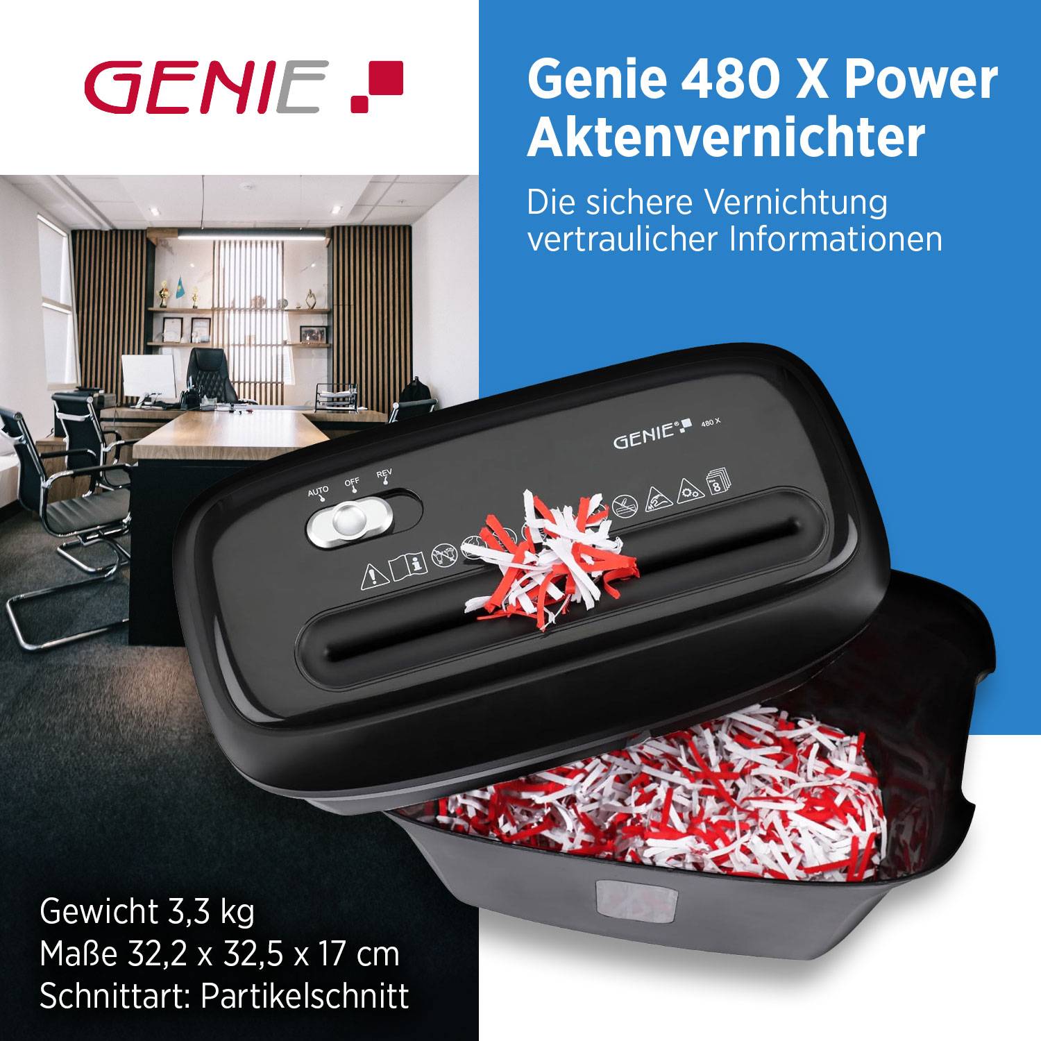 Genie 480 X Power Aktenvernichter – Papierschredder mit Schwerpunkt auf sichere Vernichtung vertraulicher Informationen. Das Bild zeigt die geschredderte Papierausgabe.