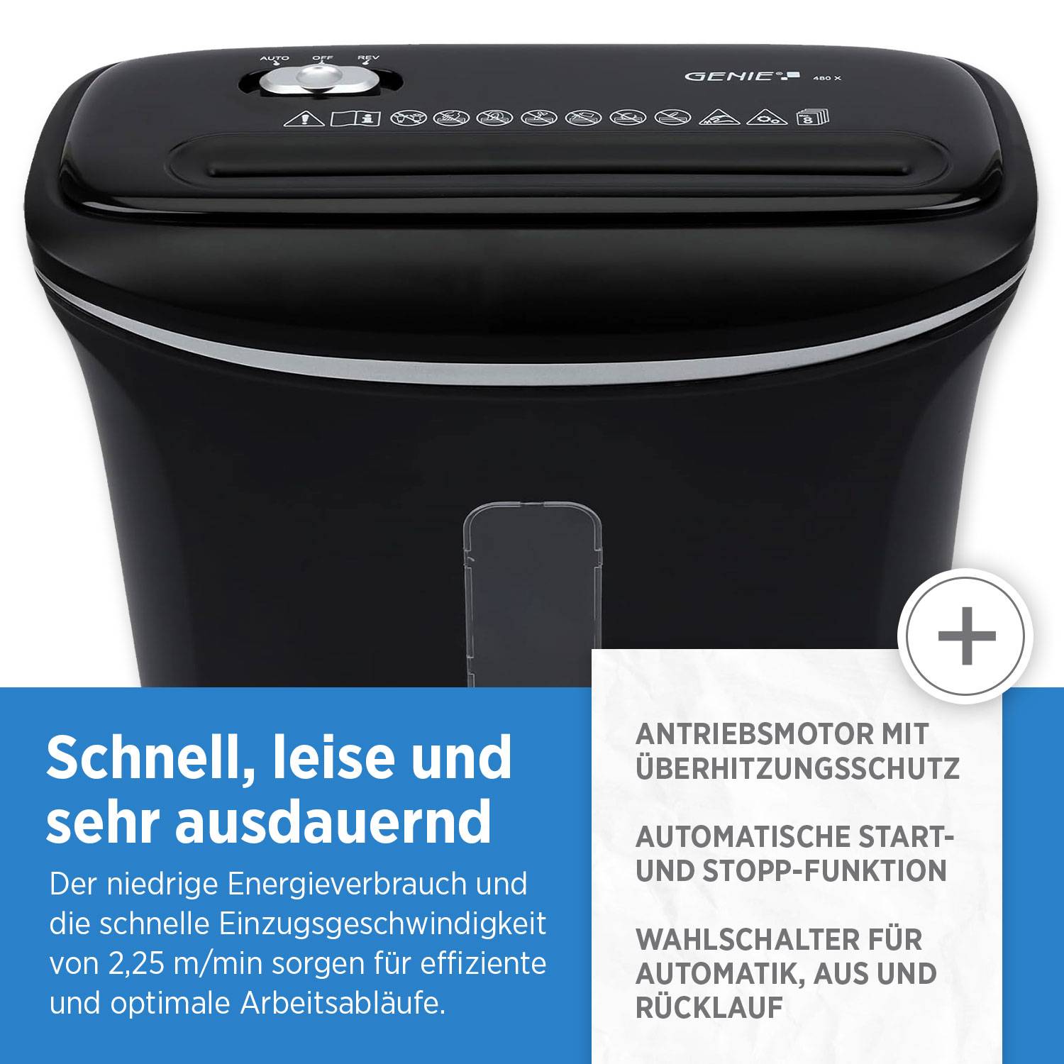 Reißwolf mit energiesparendem, leisem Betrieb und langlebigen Leistungsmerkmalen. Mit automatischem Start/Stopp, Rückwärtslauf und Überhitzungsschutz.