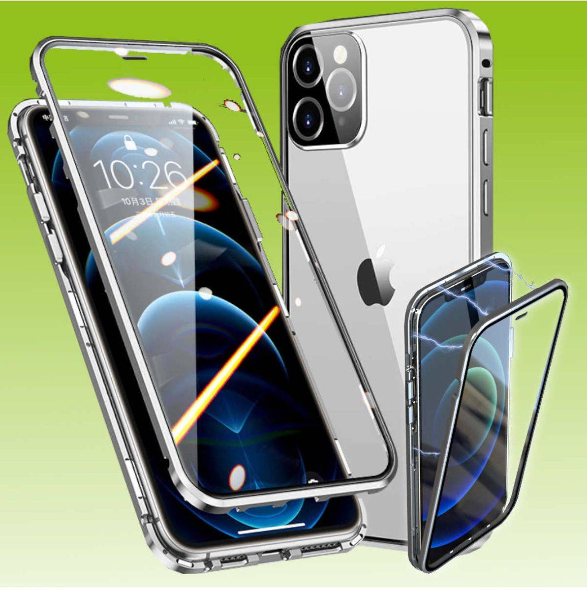 Für Apple iPhone 13 Pro Beidseitiger 360 Grad Magnet / Glas Case Hülle Handy Tasche Bumper Silber