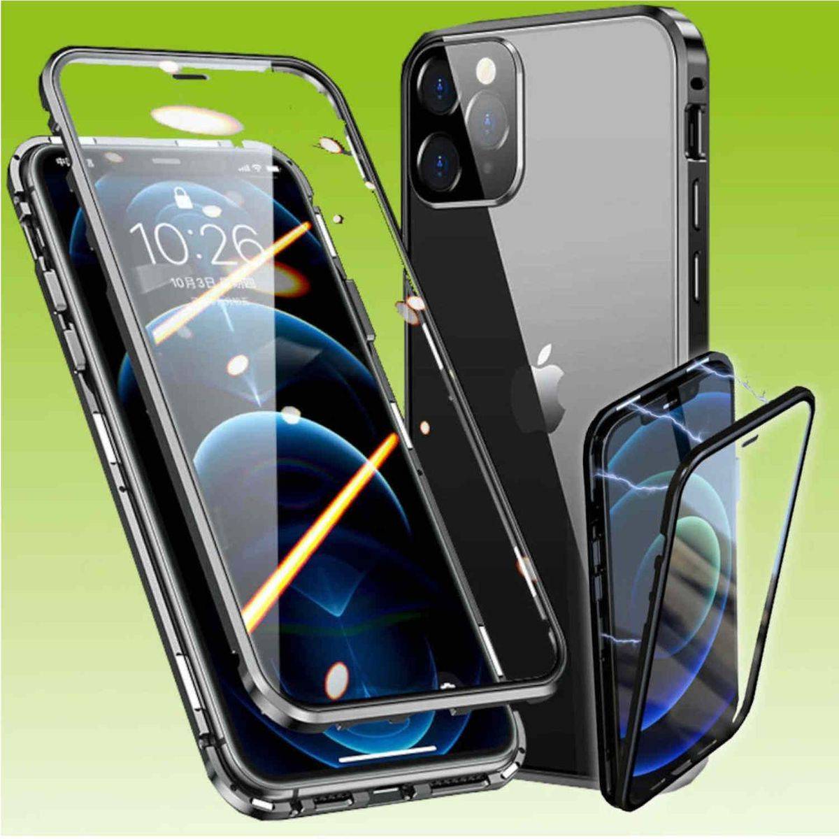 Für Apple iPhone 13 Pro Max Beidseitiger 360 Grad Magnet / Glas Case Hülle Handy Tasche Bumper Schwarz