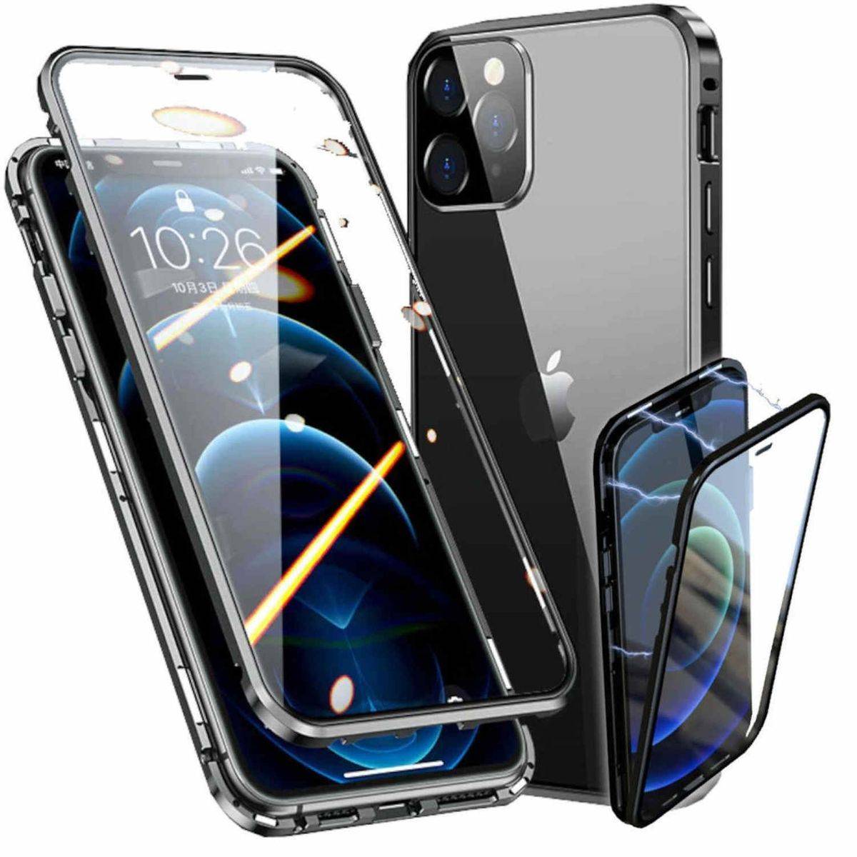 Für Apple iPhone 13 Pro Max Beidseitiger 360 Grad Magnet / Glas Case Hülle Handy Tasche Bumper Schwarz