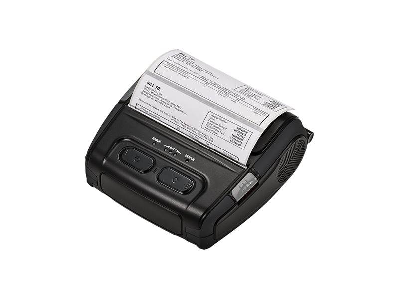 Tragbarer Thermodrucker, der eine Quittung von oben druckt, mit zwei Steuertasten und seitlicher Papierzuführung, auf weißem Hintergrund dargestellt.