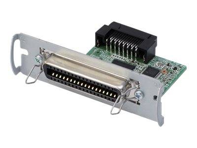 Computerinterfaceerweiterungskarte mit einem breiten Centronics-ähnlichen Parallelanschluss auf einer Metallhalterung und Leiterplatte.