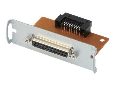 Computererweiterungshalterung mit einem DB-25-Buchsenport und einem schwarzen internen Stecker auf einer kleinen Leiterplatte.