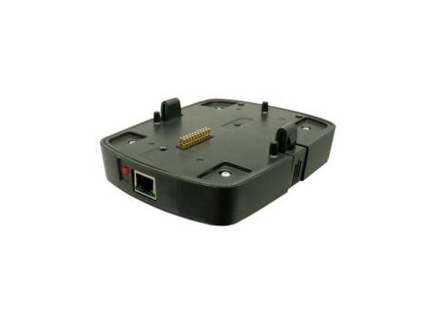 Eine schwarze elektronische Dockingstation mit Netzwerkanschluss und vergoldeten Kontaktstiften, gezeigt auf weißem Hintergrund.