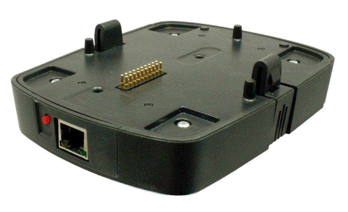 Schwarze elektronische Dockingstation mit vergoldeten Steckerkontakten oben und einem Ethernet-Anschluss auf der Vorderseite