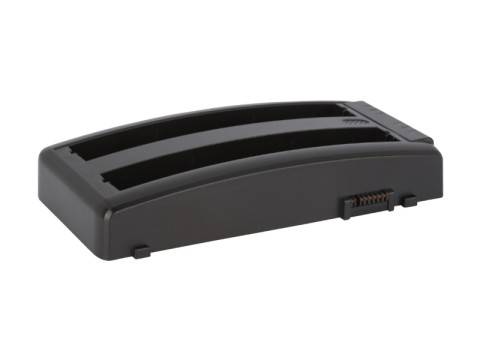 Schwarzes Dual-Slot-Batterie-Ladegerät auf weißem Hintergrund, in Schrägansicht gezeigt.