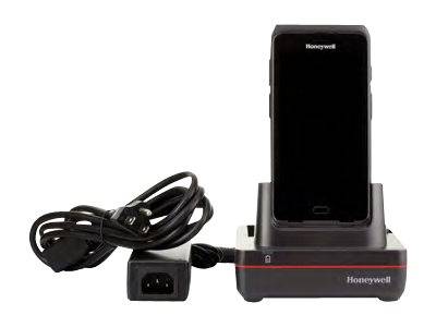 Honeywell-Smartphone-Dock mit verbundenem Stromkabel und Adapter auf weißem Hintergrund.
