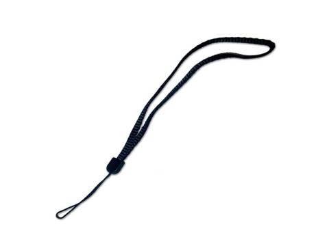 Schwarze geflochtene Handgelenkschlaufe mit einer Schlaufe und einem kleinen verstellbaren Knoten auf weißem Hintergrund.