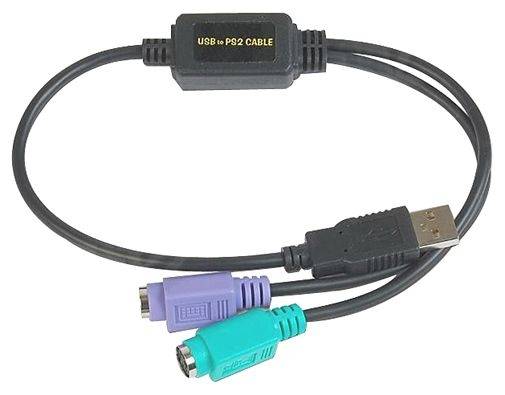USB-zu-PS/2-Kabel mit einem USB-Stecker und zwei PS/2-Anschlüssen, beschriftet mit „USB to PS2 CABLE