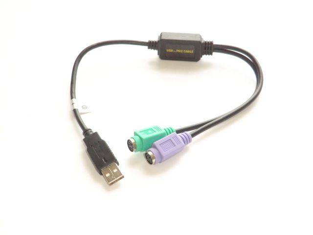 USB-zu-PS/2-Adapterkabel mit einem USB-Stecker und zwei PS/2-Anschlüssen, einer grünen und einer violetten.