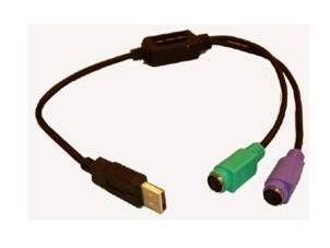 USB-Adapterkabel mit einem USB-A-Stecker und zwei runden PS/2-ähnlichen Steckern, einer grün und einer lila.