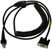 Aufgerolltes schwarzes Kabel mit USB-A-Stecker auf einer Seite und VGA-ähnlichem Stecker auf der anderen Seite, gezeigt auf einfachem weißem Hintergrund.