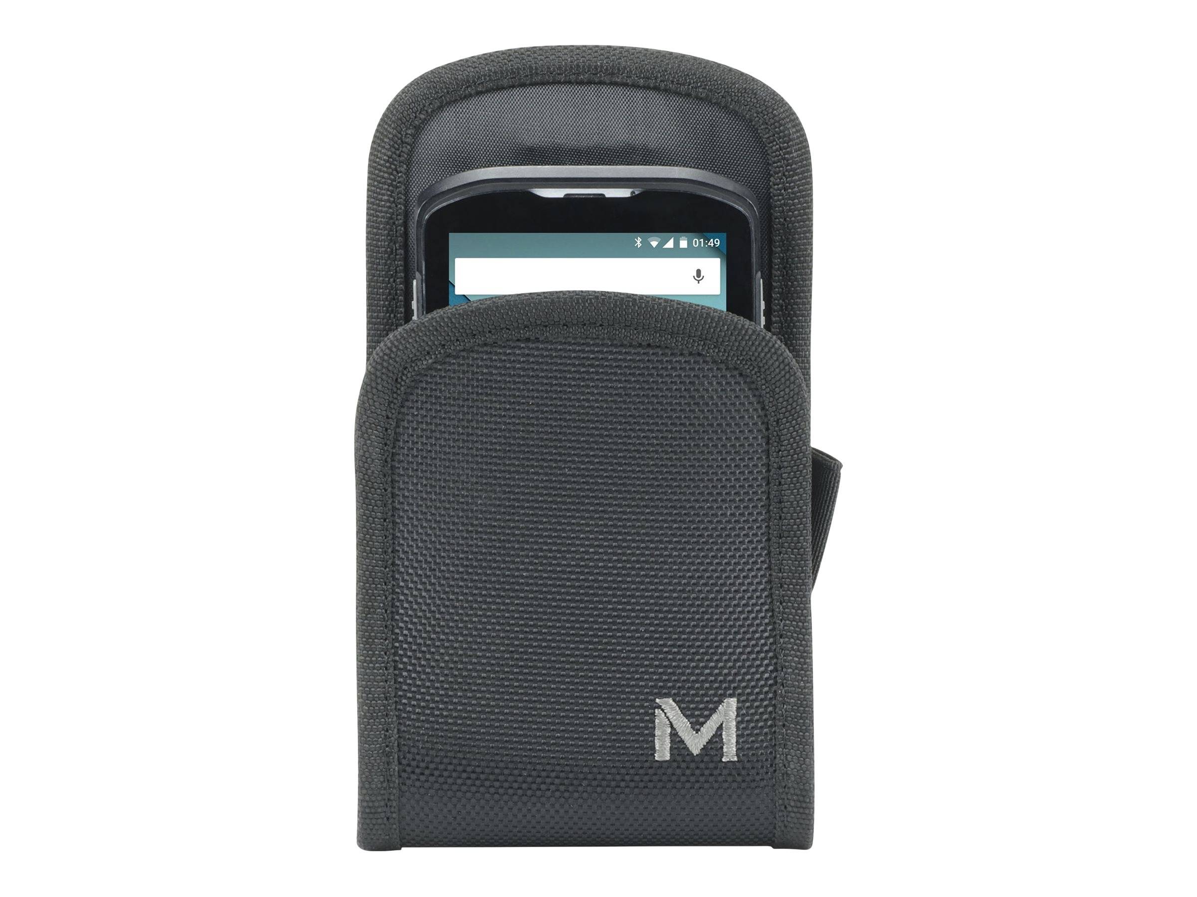 Schwarze Stofftelefonholster mit einem teilweise eingefügten Smartphone, das ein 'M'-Logo auf der Vorderseite zeigt.